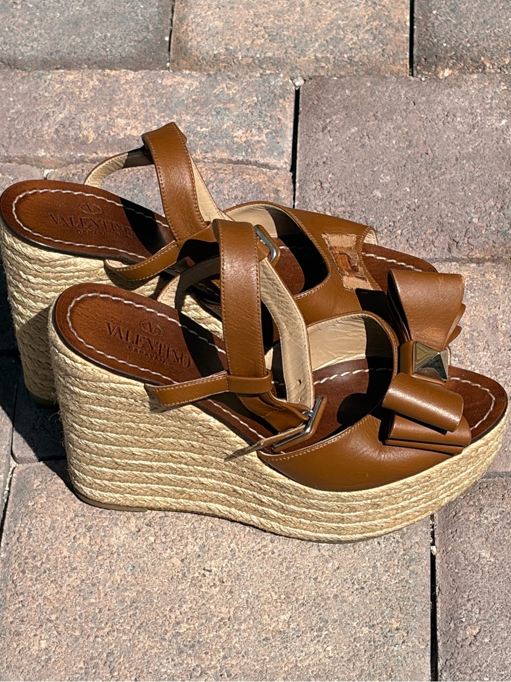 Valentino Brown Rockstud Leather Espadrille Wedge Sandals with Bow Accent